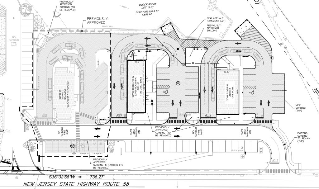 The layout of three fast food restaurants approved on Route 88 and Jack Martin Boulevard in Brick Township, N.J. (Planning Document)